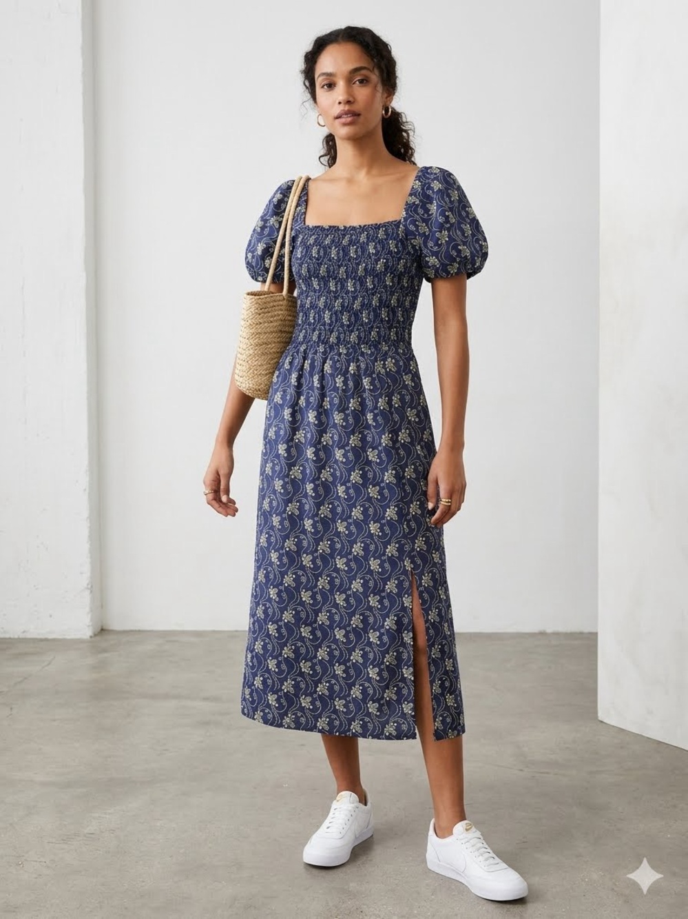 J. Crew Navy and White Floral Smocked Puff-Sleeve Dress